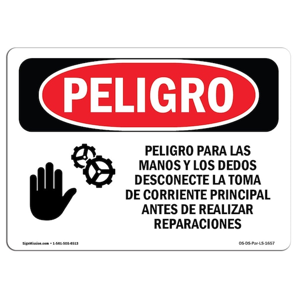 OSHA Sign, Finger, Hand Hazard Spanish, 18in X 12in Aluminum, 18" W, 12" H, Hand Hazard Spanish